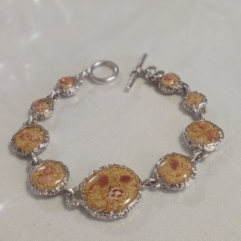 Vintage Sterling Silver Bracelet With Sand And Shell Inlay